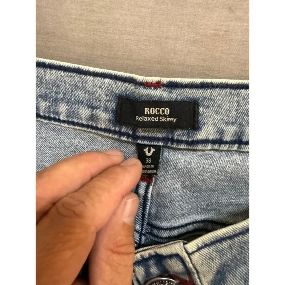 True Religion Rocco Moto Relaxed Skinny Jeans Mens Light Budding Wash NWT 38x32.